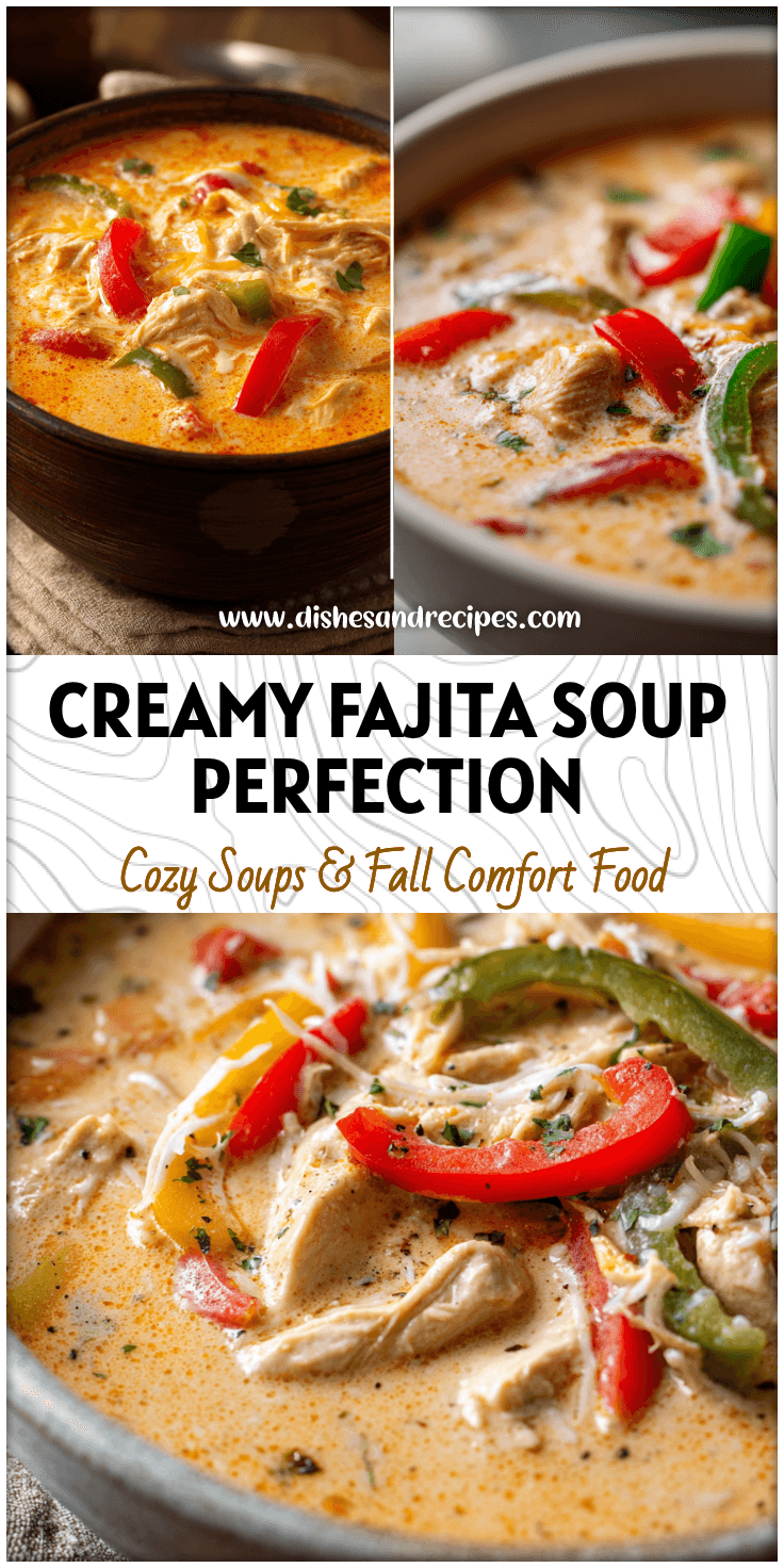 Bowl of creamy chicken fajita soup with cream cheese, colorful peppers, and melted cheese in a cozy crockpot setting